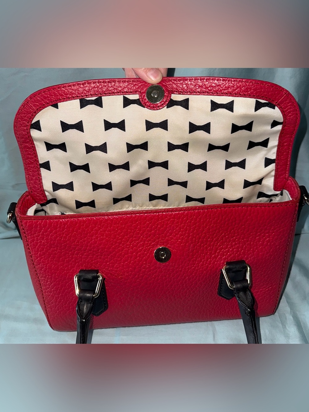 kate spade Red Pebbled Leather Satchel with Black Handles & Strap - Picture 9 of 13